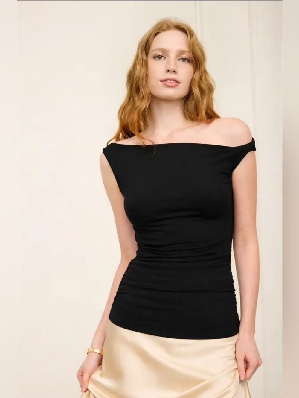 Off Shoulder Twist Detail Ruched Knit Top